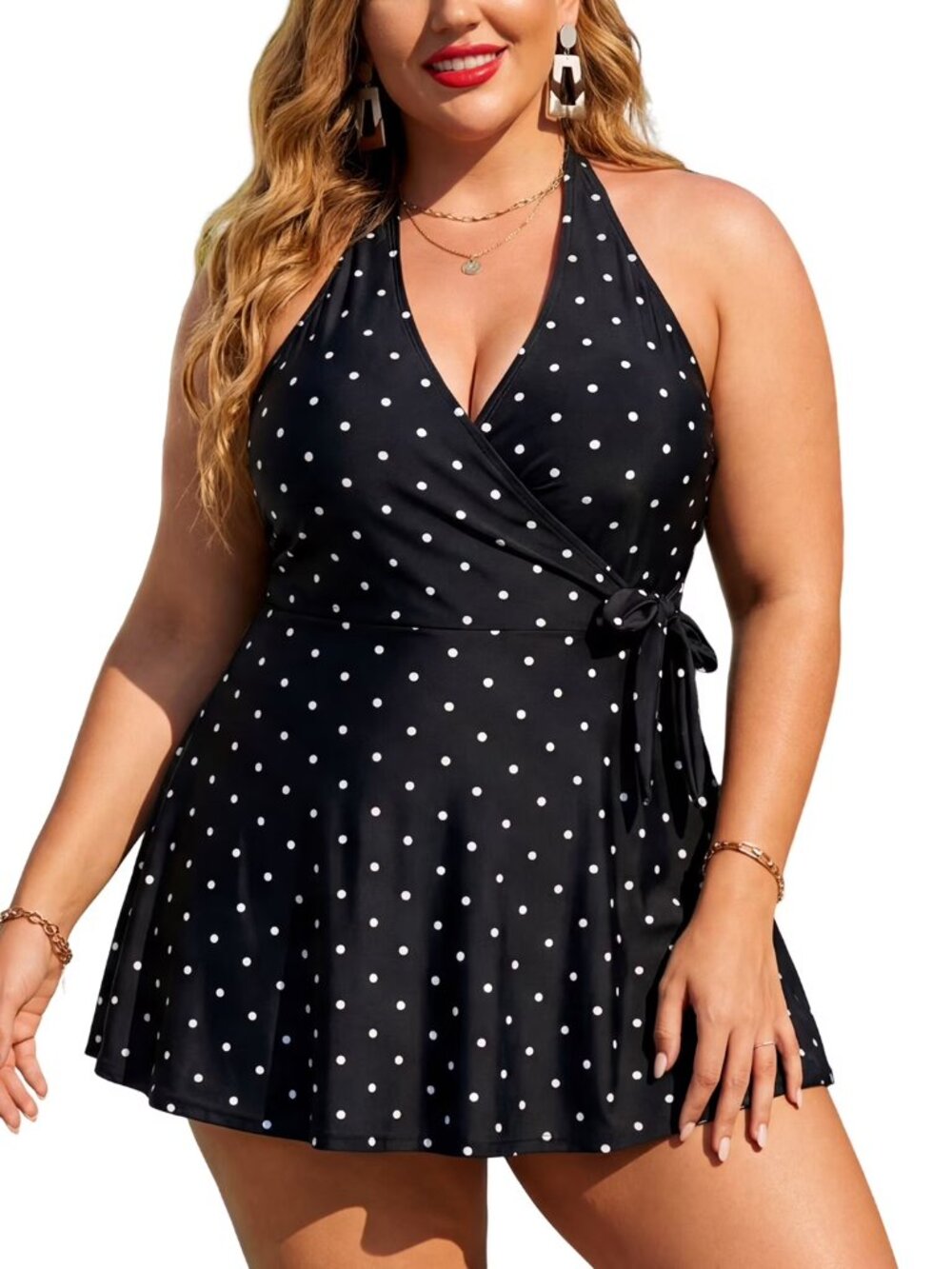 🩱 Ocean Blues Black Polka Dot Halter Swimdress NWT XL 🖤 - Picture 2 of 6